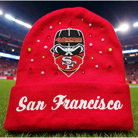 San Francisco 49ers Red Beanie design with Logo, Rhinestones and pearls - Picture 2 of 5